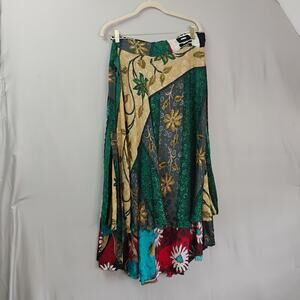 Vintage Silk Magic Wrap Skirt Multi‎ Colorful Print Hippie Bohemian Sz L